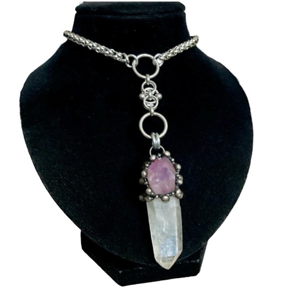 crystal quartz & amethyst gem stainless steel maille celtic lariat Y necklace. - Picture 4 of 14